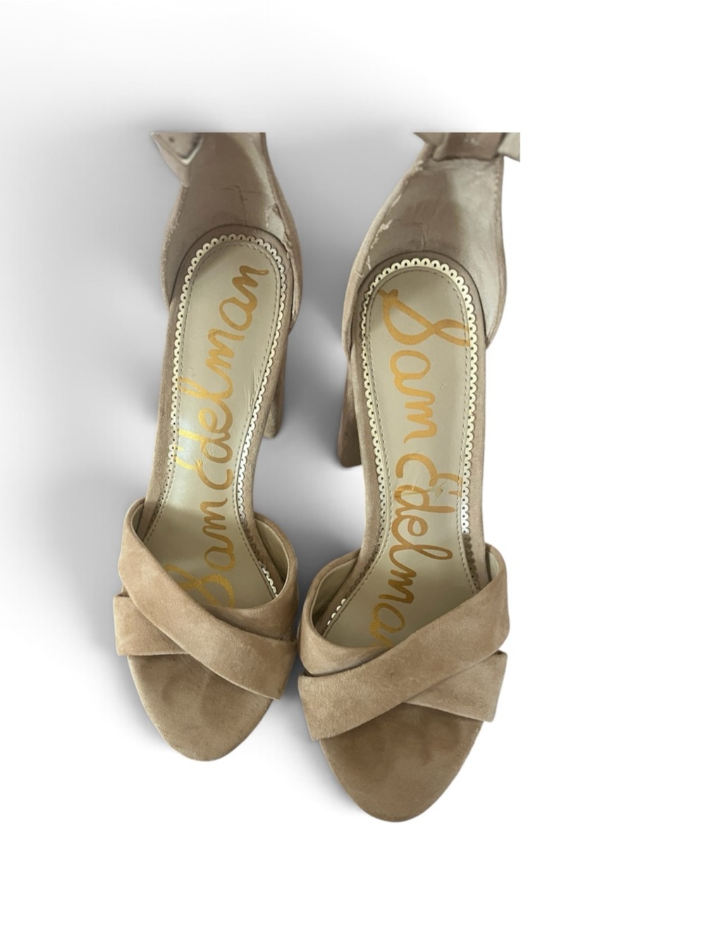 Sam Edelman Nude Suede Crisscross Block Heel Ankle Strap Sandals Size 7 - Picture 2 of 6